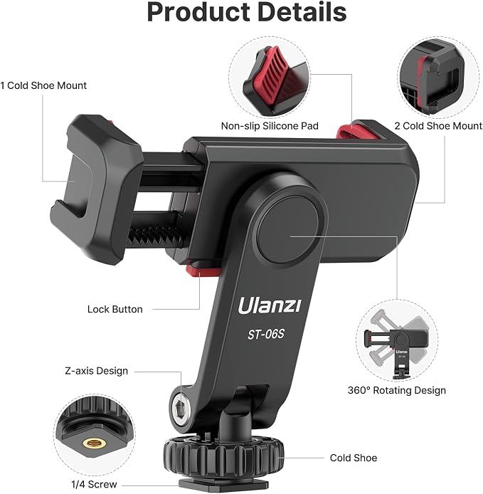ULANZI ST-06S Phone Tripod Mount, Universal Smartphone Mount Adapter