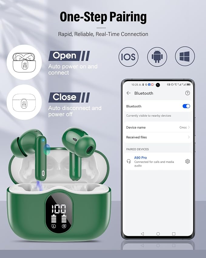Wireless Earbuds, Bluetooth 5.4 Headphones Bass Stereo/Clear Calls, Green | Ear Buds with Noise Cancelling Mic LED Display in Ear Earphones IP7 Waterproof 36H Bluetooth Earbuds for Phones/Sport/Laptop