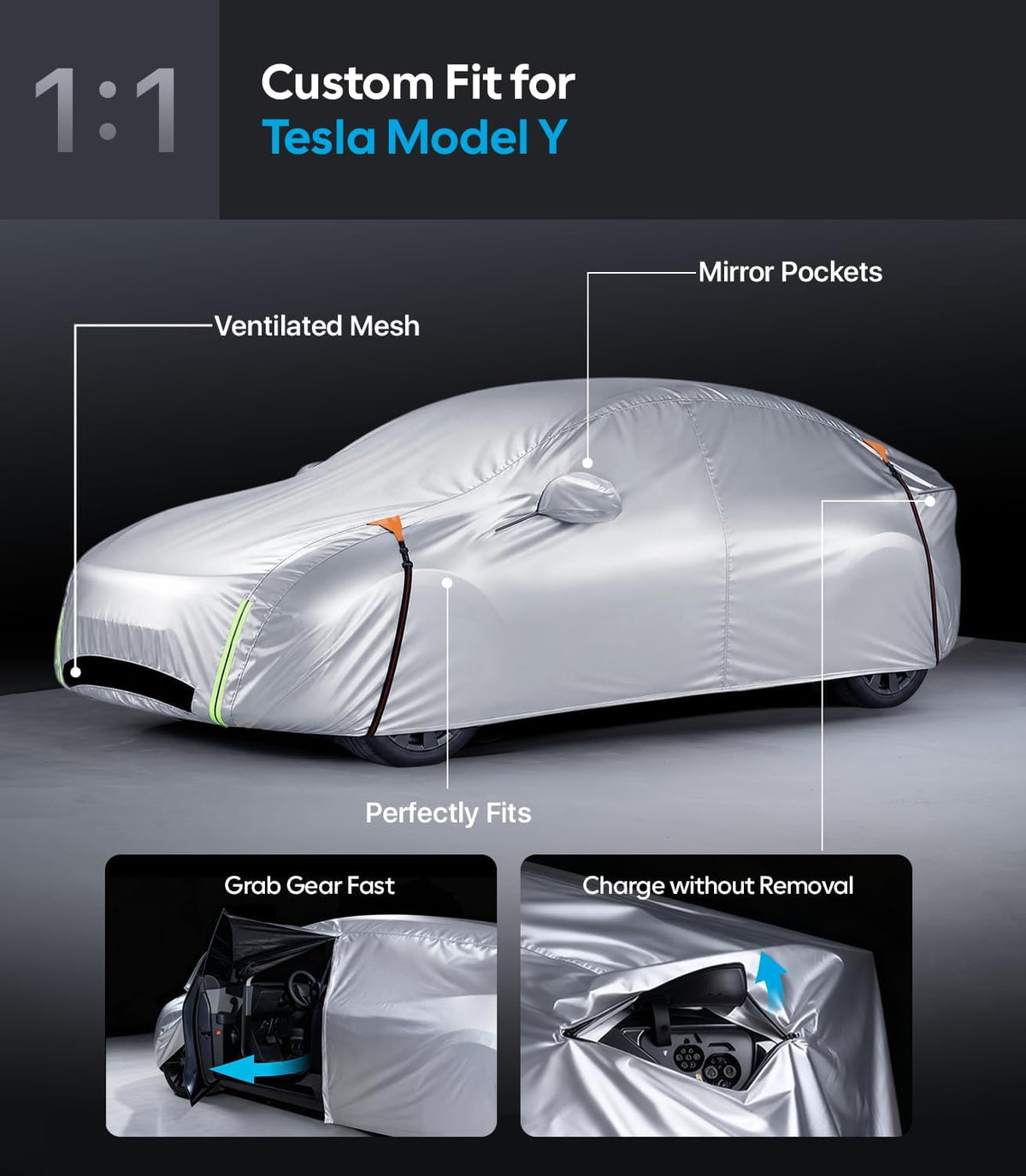 Wigoo Tesla Model Y Car Cover Accessories (2020–2026), Custom Fit All-Weather Outdoor, Waterproof UV Sun & Heat Protection, Ventilated Design, Windproof, Smooth Paint-Safe Lining, Charging Port Zipper