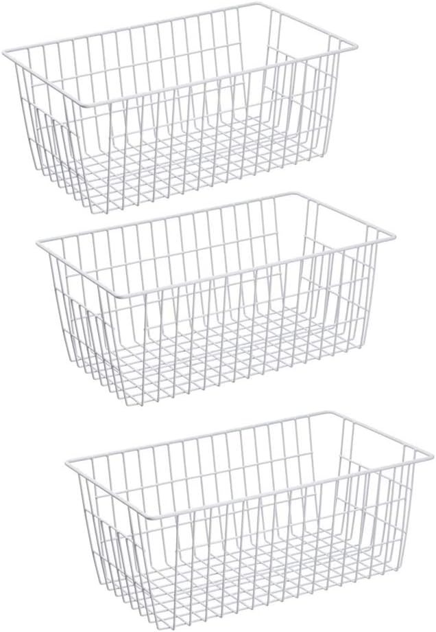 Slideep Freezer Baskets Storage Basket Organizers, Deep Wire Farmhouse Bins Container with Handles for Kitchen, Pantry, Cabinet, Car, Bathroom Pearl White, 4 Pack