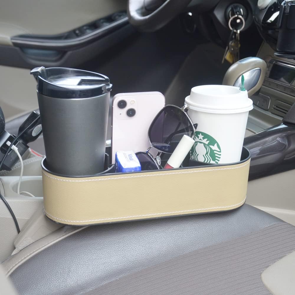 Car Cup Holder Expander Organizer,Multifunctional Cup Drink Holders with PU Leather Cover,Side Insert Center Console Seat Gap Filler Storage Box for Mug Bottle CellPhones Keys Coffee Coasters Cards