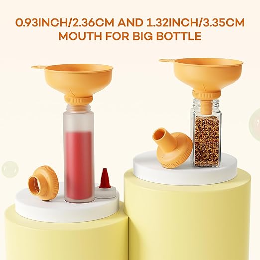 Pisol Wide Mouth Versatile Funnel, Canning Funnels for Kitchen Use, Food Grade Plastic Cooking Funnel Set with 4 Size Spouts and 2 Strainers for Filling Different Bottles and Bags, Orange