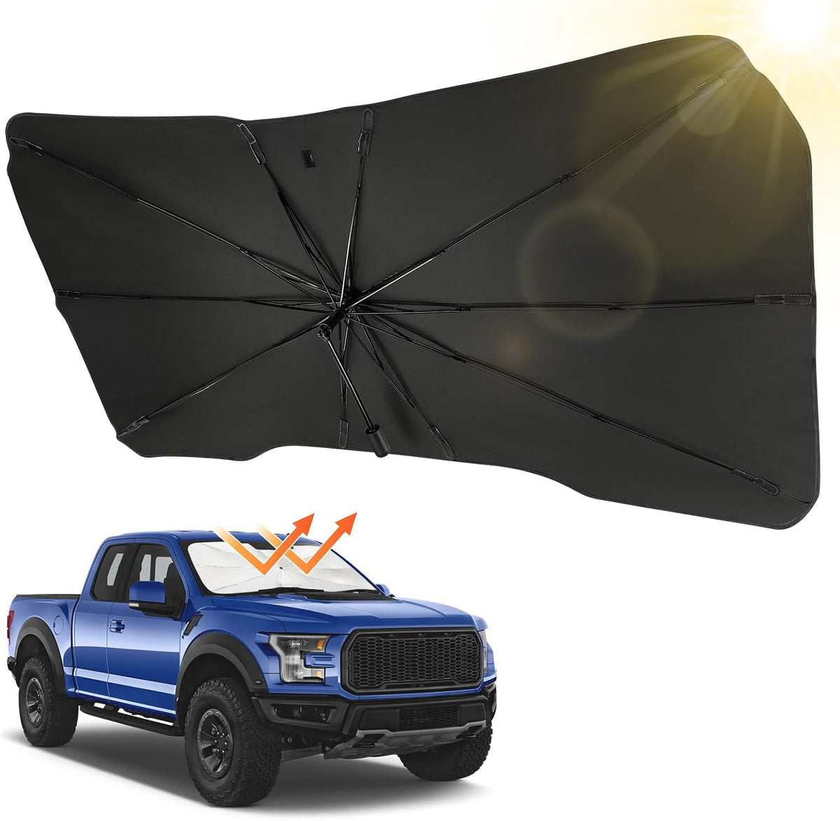 JOYTUTUS Windshield Sun Shade Umbrella, Fit for Ford 2015-2025 F150 F250 F350, with 360° Rotation Bendable Shaft, Titanium Silver Coating for UV Ray Block, Car Front Window Sun Shade Keep the Car Cool