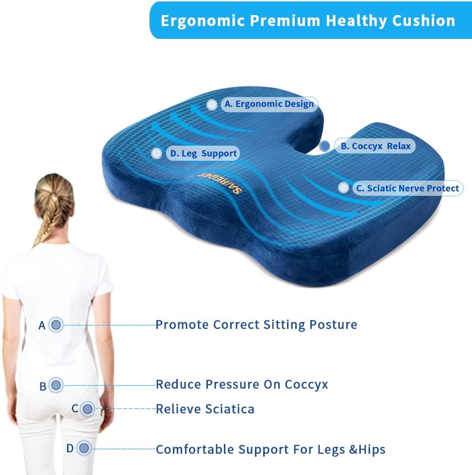 SAIREIDER Chair Cushions for Office, Memory Foam Coccyx Cushion Pads for Tailbone Pain, Car Seat Cushion, Sciatica Relief Pillow, Correct Sitting Posture (Navy Blue)