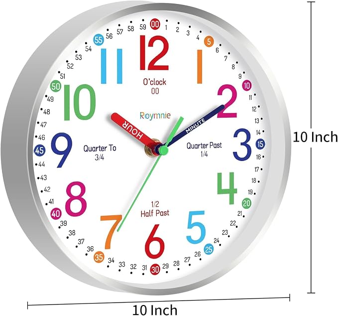Roymnie Wall Clock for Kids Learning Easily Kids Teaching Clock Silent Non