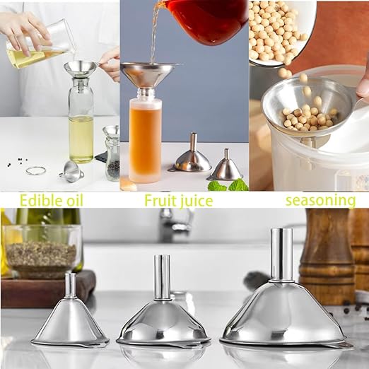 Generic Kitchen Funnels Set for Bottles, 3pc Small/Medium/Large Food Grade Stainless Steel Metal Funnels with 2 Cleaning Brushes for Liquids, Essential Oils, and Spices