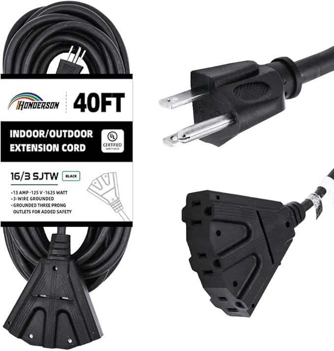 3-Outlets Indoor Outdoor Extension Cord Weatherproof, UL Certified, 16 Gauge 40FT Black 3 Prong Heavy Duty, 16/3 SJTW 13A Power Cord