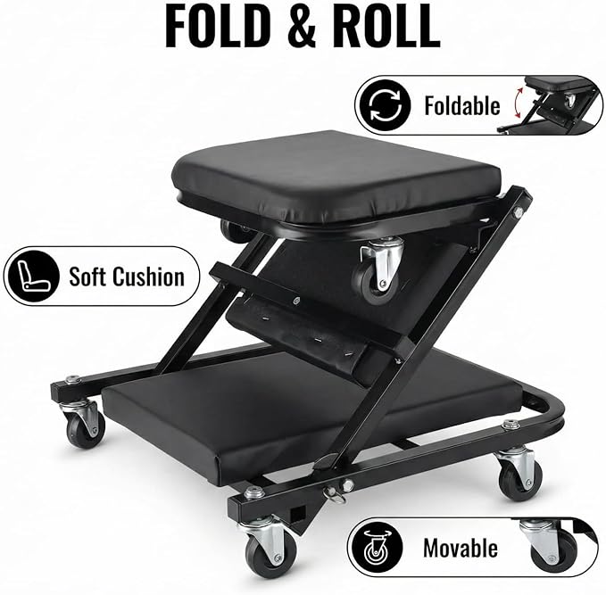WEEK NINE 36 Inch Foldable Z Creeper Seat, 2 in 1 Rolling Chair and Work Bench for Garage Auto Repair, 330 LBS Capacity, Black