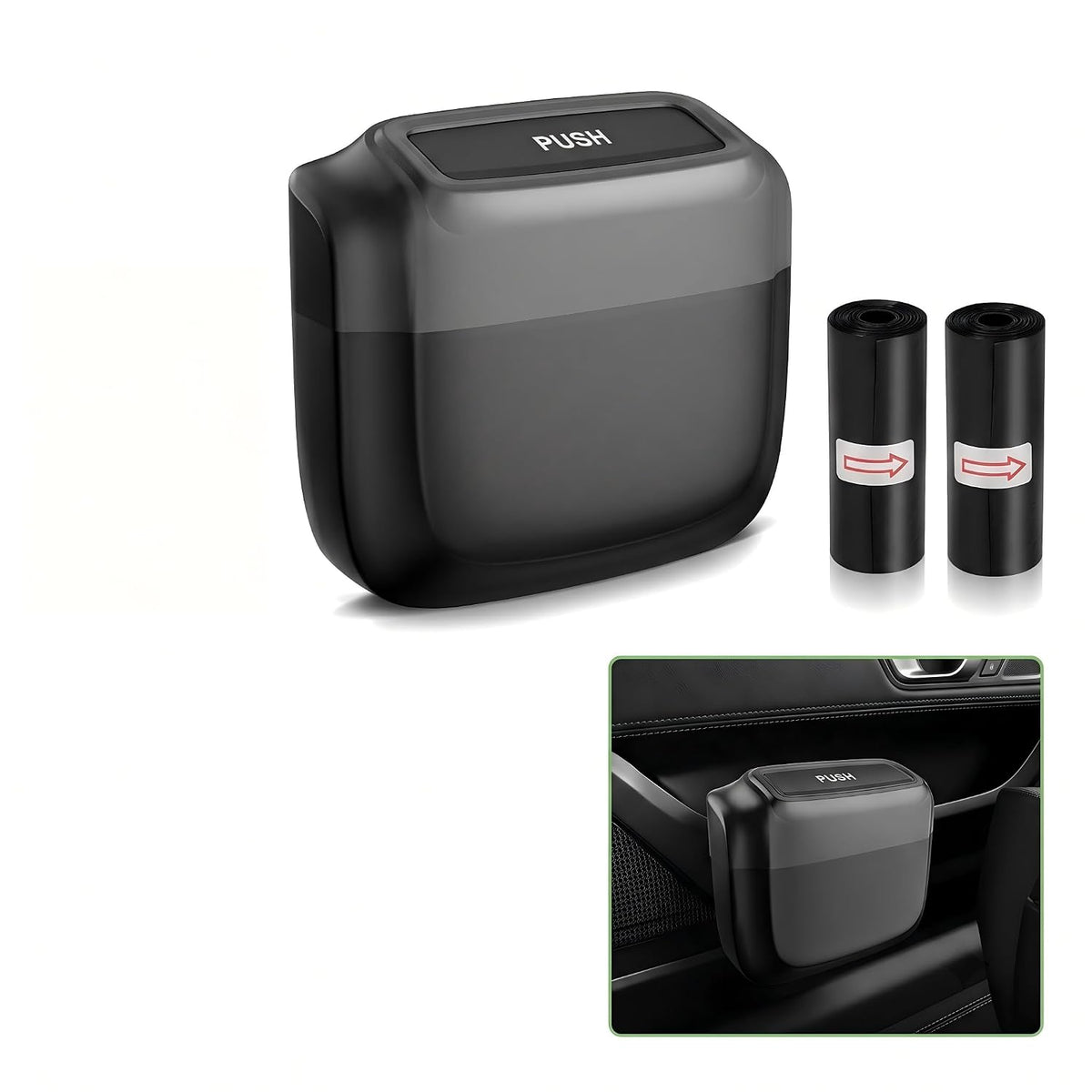 Car Trash Can with Lid, Mini Portable Hanging Clutter Canister with Trash Bags, Waterproof Leakproof Push-Button Storage Bucket, Universal Interior Accessories for Cars Trucks SUVs (Black)
