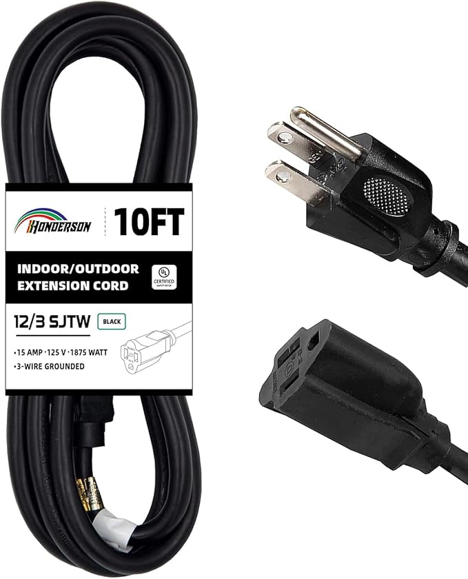 Indoor Outdoor Extension Cord Weatherproof, UL Certified, 12 Gauge 10FT Black 3 Prong Heavy Duty, 12/3 SJTW 15A Power Cord for Outdoor Lights, Appliances, Lawn