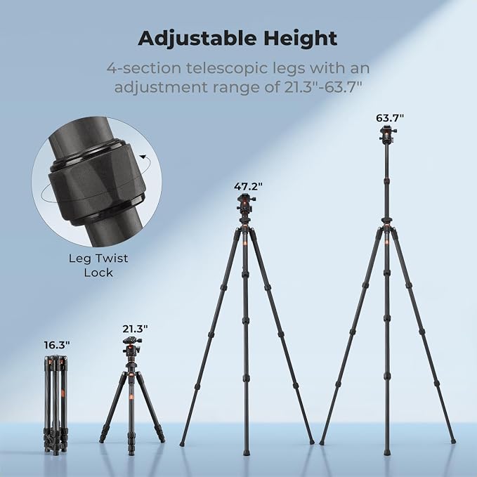 K&F CONCEPT 64" Carbon Fiber Camera Tripod, Lightweight Travel Tripod