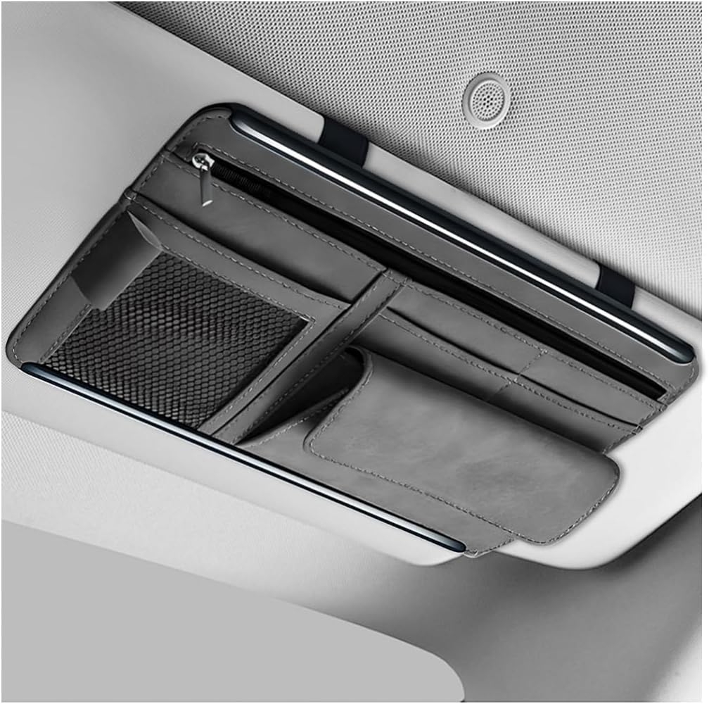 Car Sun Visor Organizer, Leather Sun Visor Pocket Organizer Case with Multi-Pocket Net Zipper, Suede Note Holder Car Visor Storage Pouch for Card Pen Sunglasses Document (Brown)