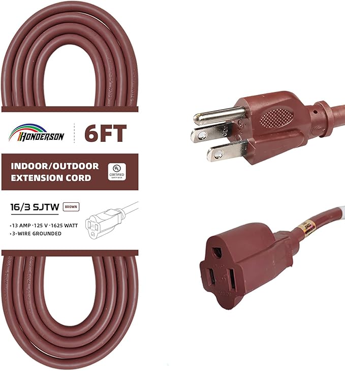 6FT Brown Outdoor Extension Cord-16/3 SJTW Durable Extension Cord for Christmas Lights with 3 Prong Grounded Plug, Great for Outside Christmas Decorations