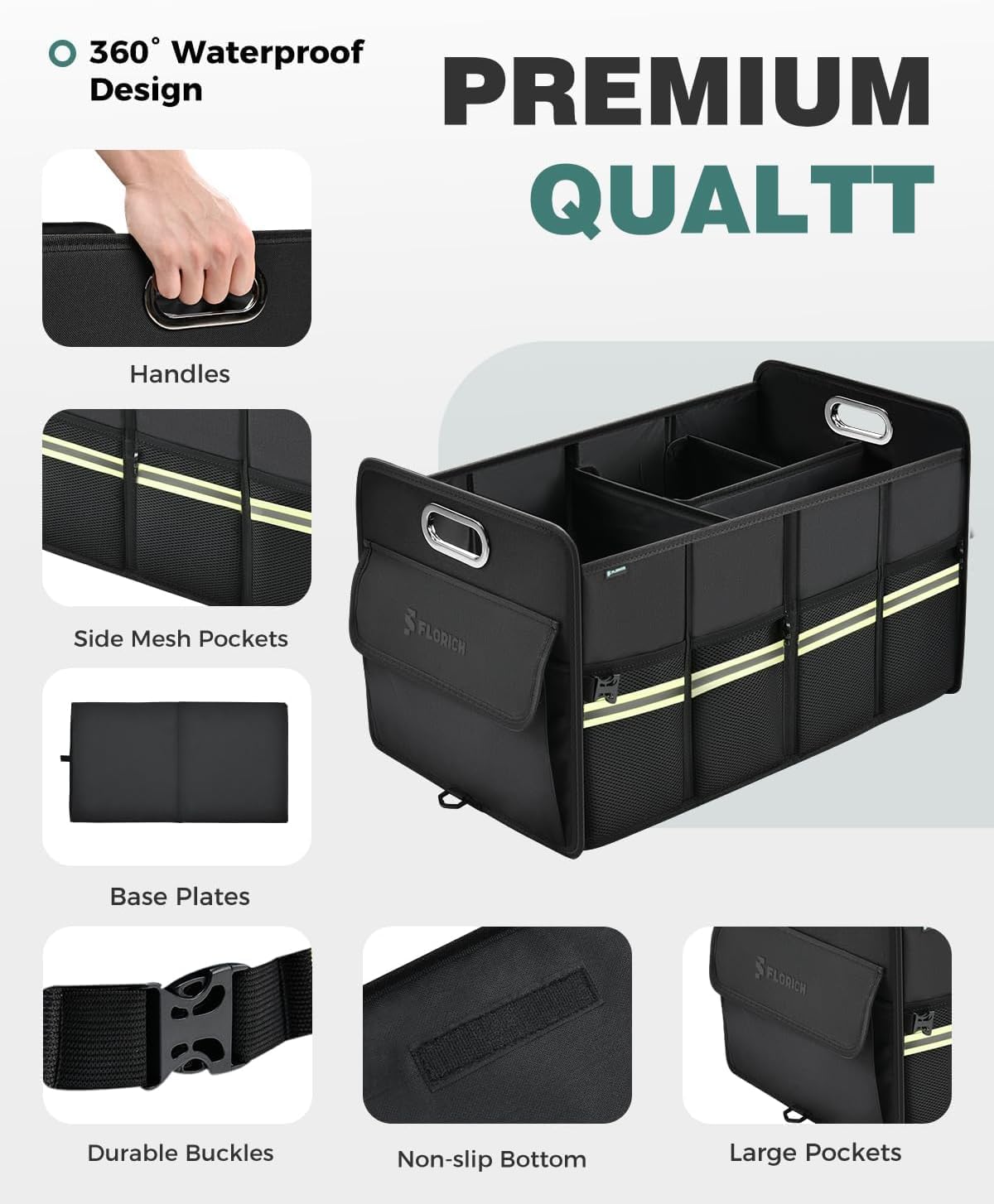 FLORICH Update Trunk Organizer for Suv, Premium Waterproof Car Organizers and Storage, Collapsible Multi-Compartment Truck Organizer Back Seat Storage for Car