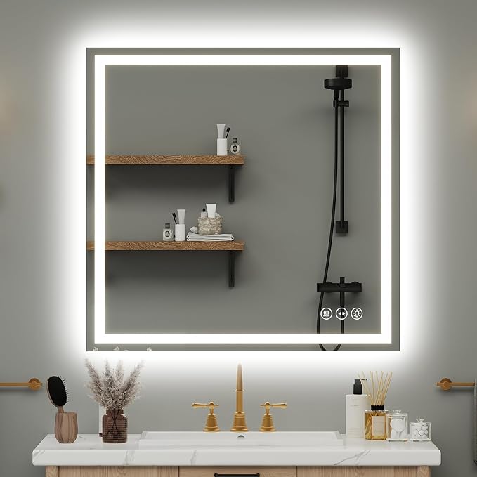 LED Bathroom Mirror 36x36 Inch Anti-Fog Bathroom Mirror with Lights, Wall Mounted Lighted Vanity Mirrors, Dimmable, Backlit + Front Lit, Smart Bathroom Vanity Mirror with 3 Colors Temperature