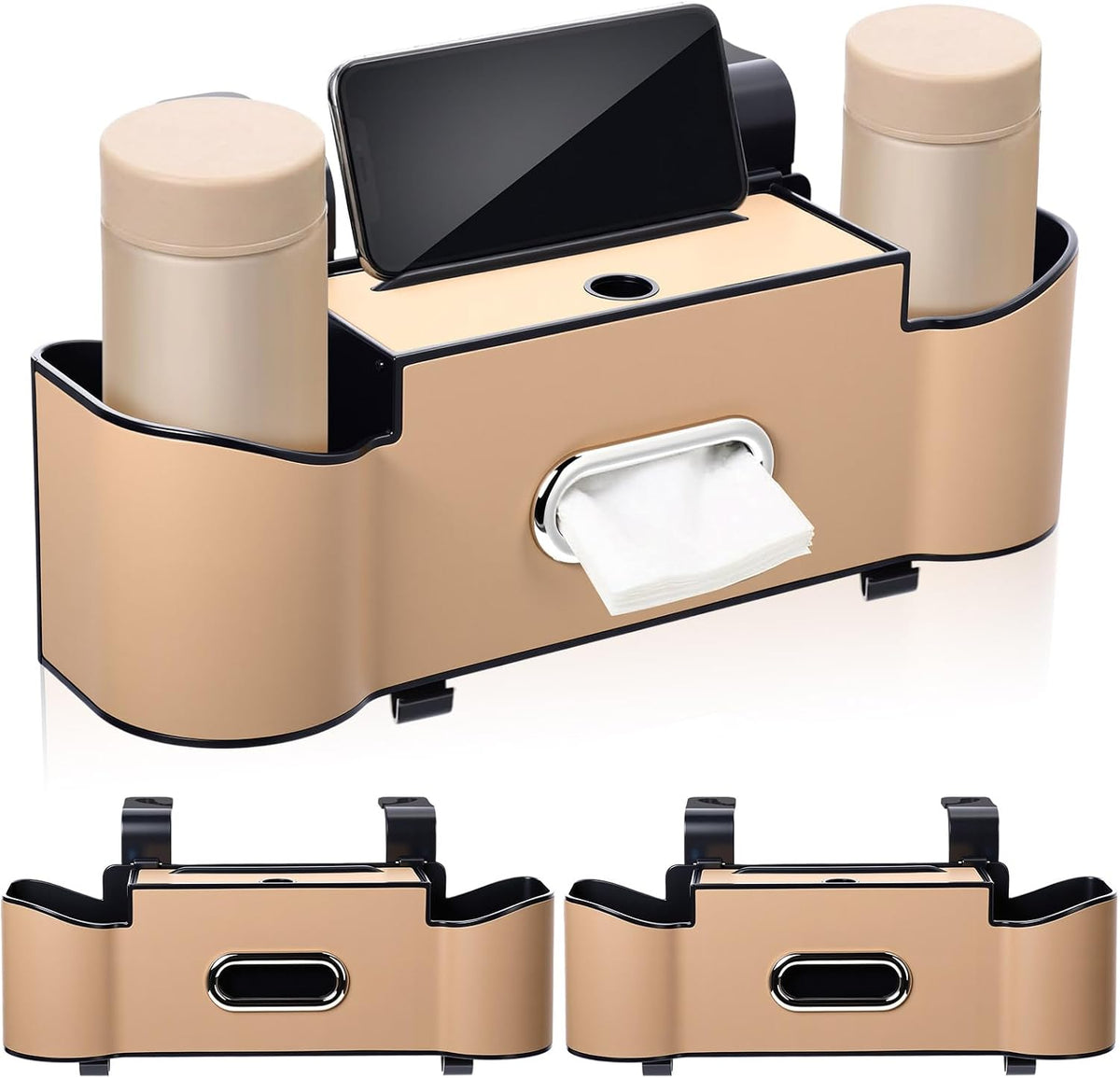 LemonRoad 2 Pack Car Seat Back Storage Box, Tissue 2 Cup Holders, Beige