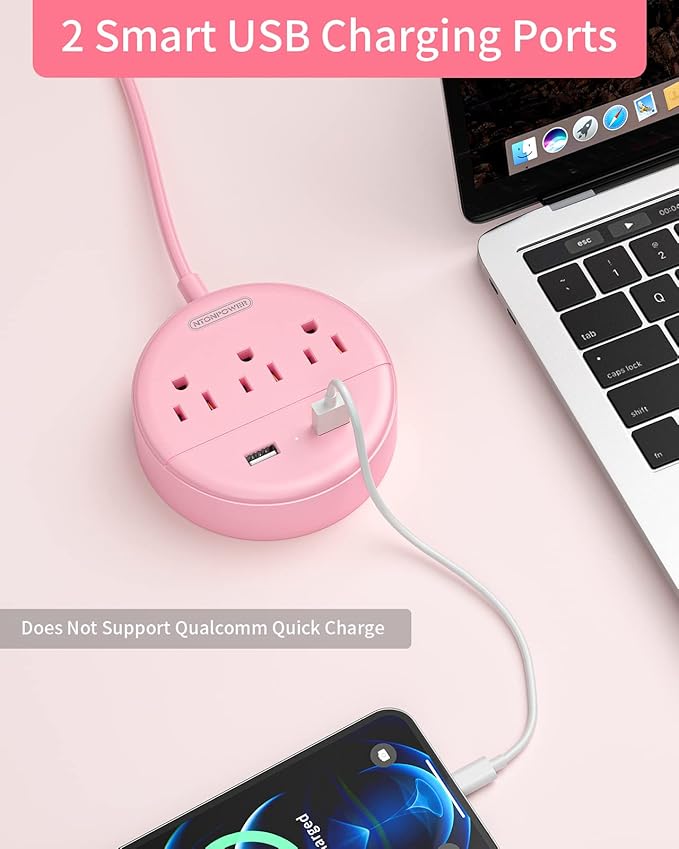 Pink Extension Cord 15ft, NTONPOWER Flat Plug Power Strip with Long Extension Cord, 3 Outlet 2 USB Desktop Charging Station Wall Mount for Home, Dorm Room, Office and Nightstand, ETL Listed