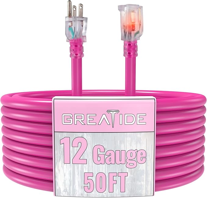 Outdoor Extension Cord with Lighted End, 12 Gauge Heavy Duty Extension Cord 50 FT, 3 Prong Grounded 15 Amp, 12/3 SJTW Waterproof Power Cord for Appliance, UL Listed, Pink