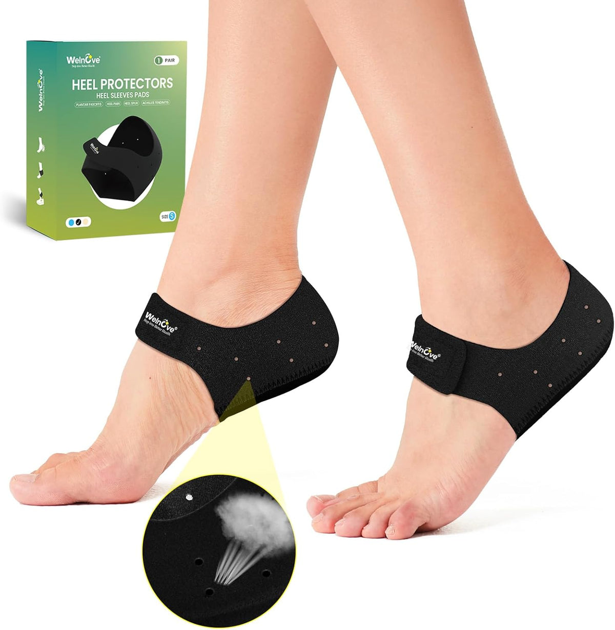 Welnove Gel Heel Protector Cups - Pain Relief Inserts for Plantar Fasciitis & Achilles Tendonitis | Black (W 4.5-9 / M 5-8)