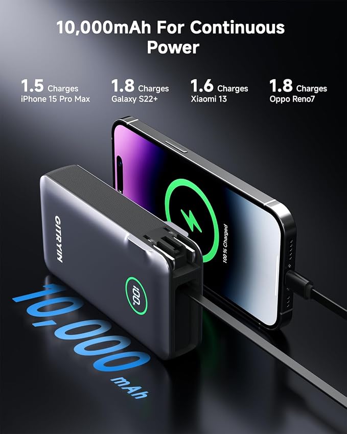 Portable Charger with Built in 25.6in Retractable Cable and Wall Plug, 10000mAh USB C Travel Power Bank, 35W Fast Charging Battery Pack Compatible with iPhone 16 15 14 13 Samsung Android Phone etc
