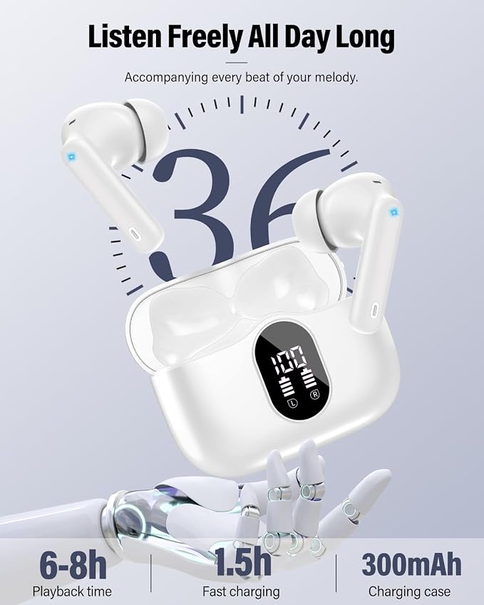 Wireless Earbuds, Bluetooth 5.4 Headphones Bass Stereo/Clear Calls, White | Ear Buds with Noise Cancelling Mic LED Display in Ear Earphones IP7 Waterproof 36H Bluetooth Earbuds for Phones/Sport/Laptop
