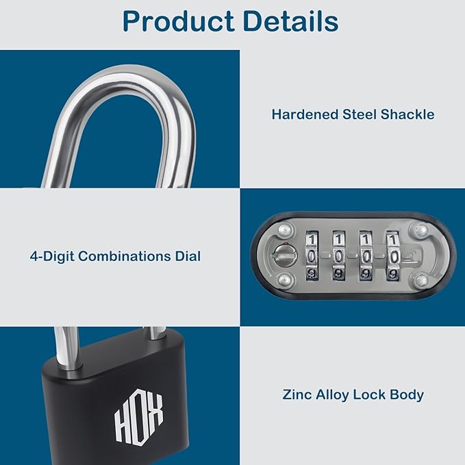 HOX 4 Digit Combination Lock Outdoor Padlock - Heavy Duty Locker Lock with Hardened Steel Shackle, Waterproof Combo Lock for Gym Locker, Hasp Storage, Shed, Fence (Black, 4 Pack)