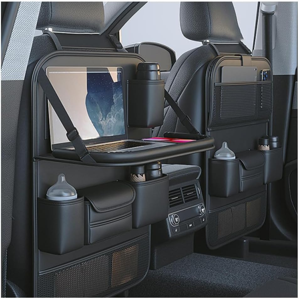 Primst 2 Pack Leather Car Backseat Organizer with Foldable Table Tray, Car Storage Organizer with Tablet Holder, Car Seat Back Protectors Kick Mats Travel Accessories