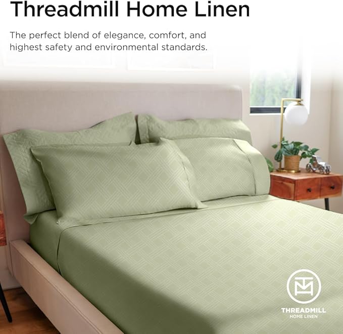 Threadmill Luxury Full Size Sheets for Full Size Mattress | 800 Thread Count Cotton Sheets | Jacquard Celine Sage Green | Better Than Egyptian Cotton| 4 Pc Bed Sheets | with Elasticized Deep Pocket