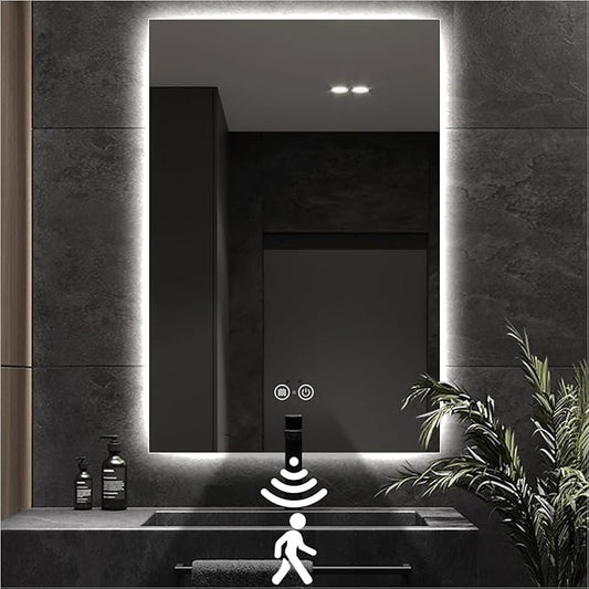 Backlit LED Bathroom Mirror, Infrared Motion Sensor Vanity Mirror with 3-Color Lights, Stepless Dimmable Wall Lighted Mirror with Anti-Fog, Memory, Rectangular (36" H x 28" W)
