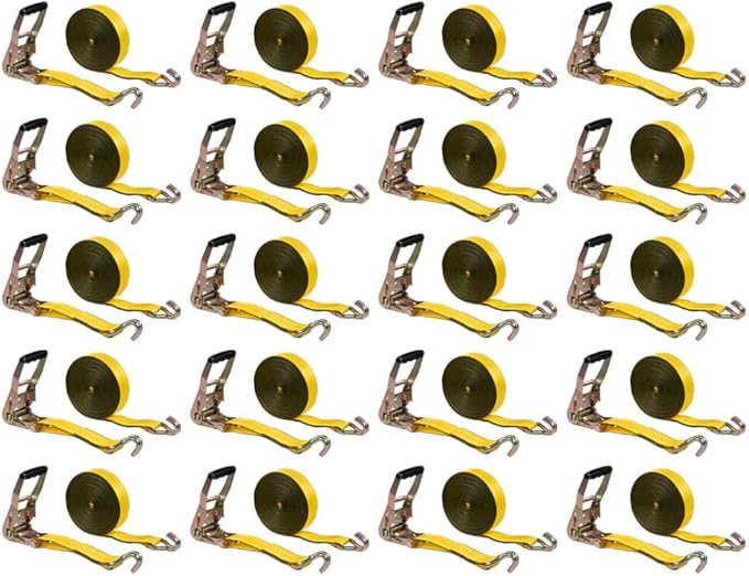 Mytee Products 20 Pack 2" x40' Yellow Ratchet Strap with J Hooks - 10,000 Lbs Breaking Strength - Heavy Duty Tie Down Cargo Truck Straps with Wire Hooks for Flatbed, Truck, Trailers Pickup