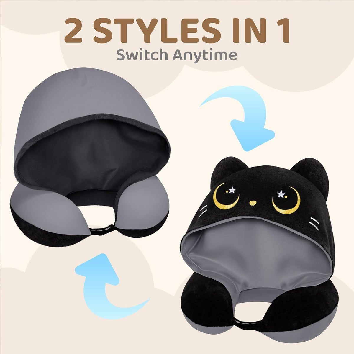 Mewaii Travel Neck Pillow with Hood for Airplanes,Memory Foam,Breathable Ice Silk & Soft Velvet,Double-Sided,Removable to Clean,Adjustable Strap,Portable Travel Pillow for Long Flights Adults & Teens