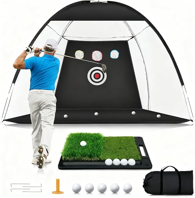 Golf Net, 10 x 7FT Golf Practice Nets for Backyard Driving Hitting Swing Chipping Training with Hitting Mat for Indoor & Outdoor, Gifts for Men Dad Husband Golfers Him