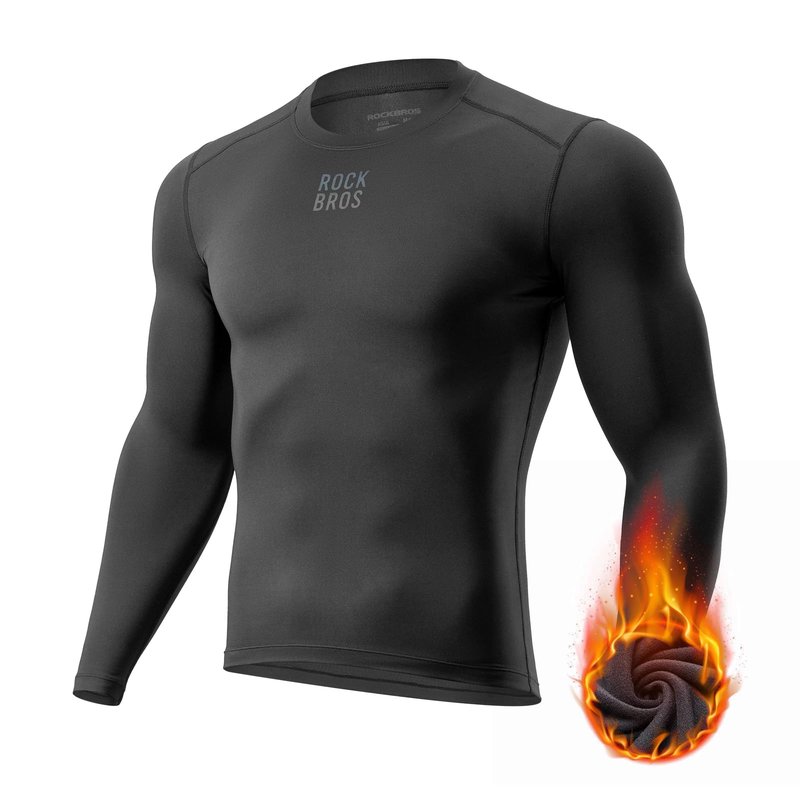 ROCKBROS Cycling Thermal Long Sleeve Shirts Men Wicking Compression Fleece Undershirt Base Layer for Ski Workout Black