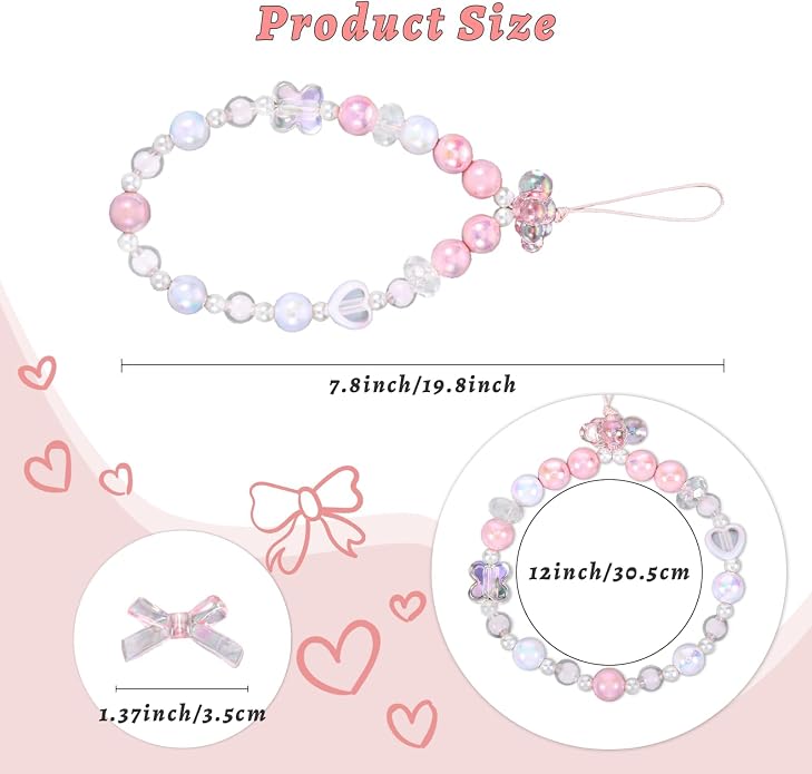 Pink Beaded Phone Wrist Straps, Y2K Phone Case Charms Camera Charm Strap