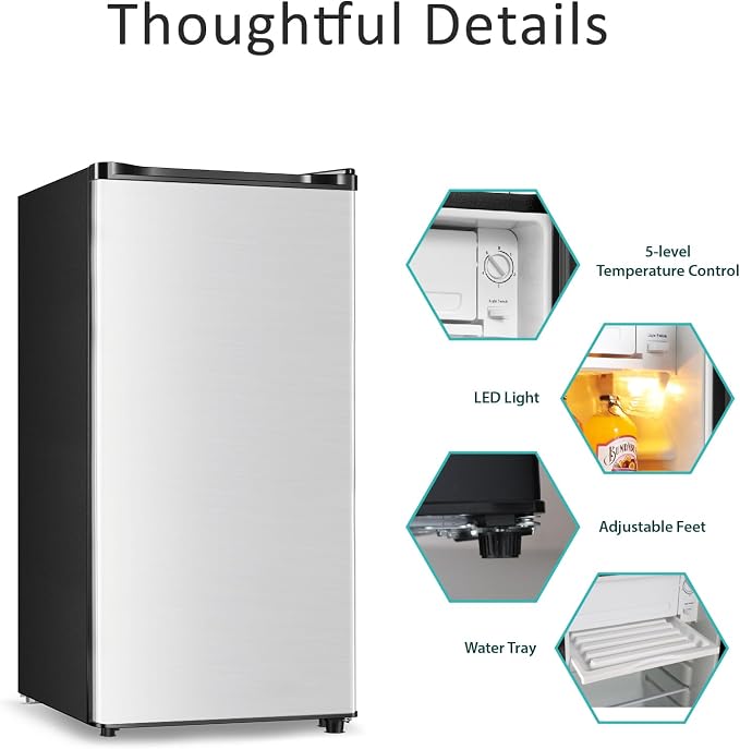 Seaoola Mini Fridge with Freezer, Single Door 3.1 Cu.Ft, Compact Mini Refrigerator, LED Light, Adjustable Thermostat, Removable Glass Shelves, Small Refrigerator for Dorm/Office/Bedroom(Sliver)