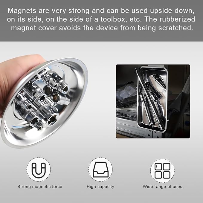 2 PCS Large Magnetic Tray Holders, 5.4"×9.4" Stainless Steel Square & 4" Round Magnetic Parts Tray Set, Heavy Duty Thickened Tray Bowl for Screws Bolts Nuts Metal Parts, Car Accessories