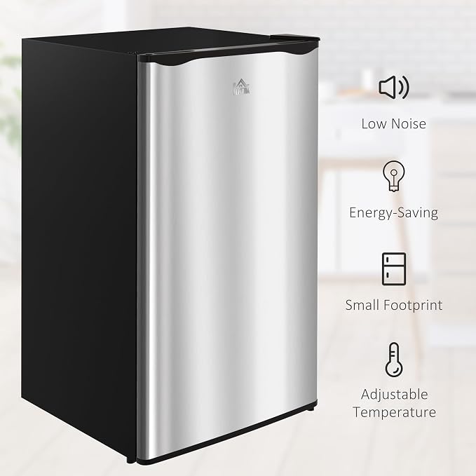 HOMCOM 3.2 Cu.Ft Mini Fridge with Freezer Single Reversible Door Silver | Compact Refrigerator, Adjustable Thermostat, Shelf, for Bedroom Dorm Home Office, Energy Efficient