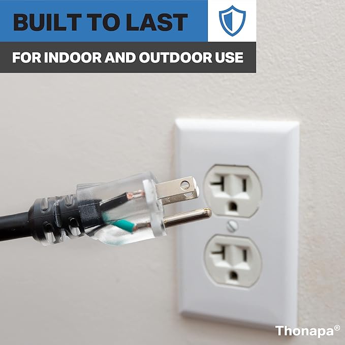 Thonapa 6 Foot Outdoor Extension Cord - 12/3 Heavy Duty Black Extension Cable with 3 Prong Grounded Plug for Safety - Great for Garden, Tools and Major Appliances