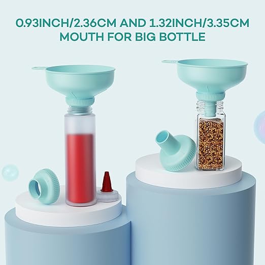 Pisol Wide Mouth Versatile Funnel, Canning Funnels for Kitchen Use, Food Grade Plastic Cooking Funnel Set with 4 Size Spouts and 2 Strainers for Filling Different Bottles and Bags, Teal