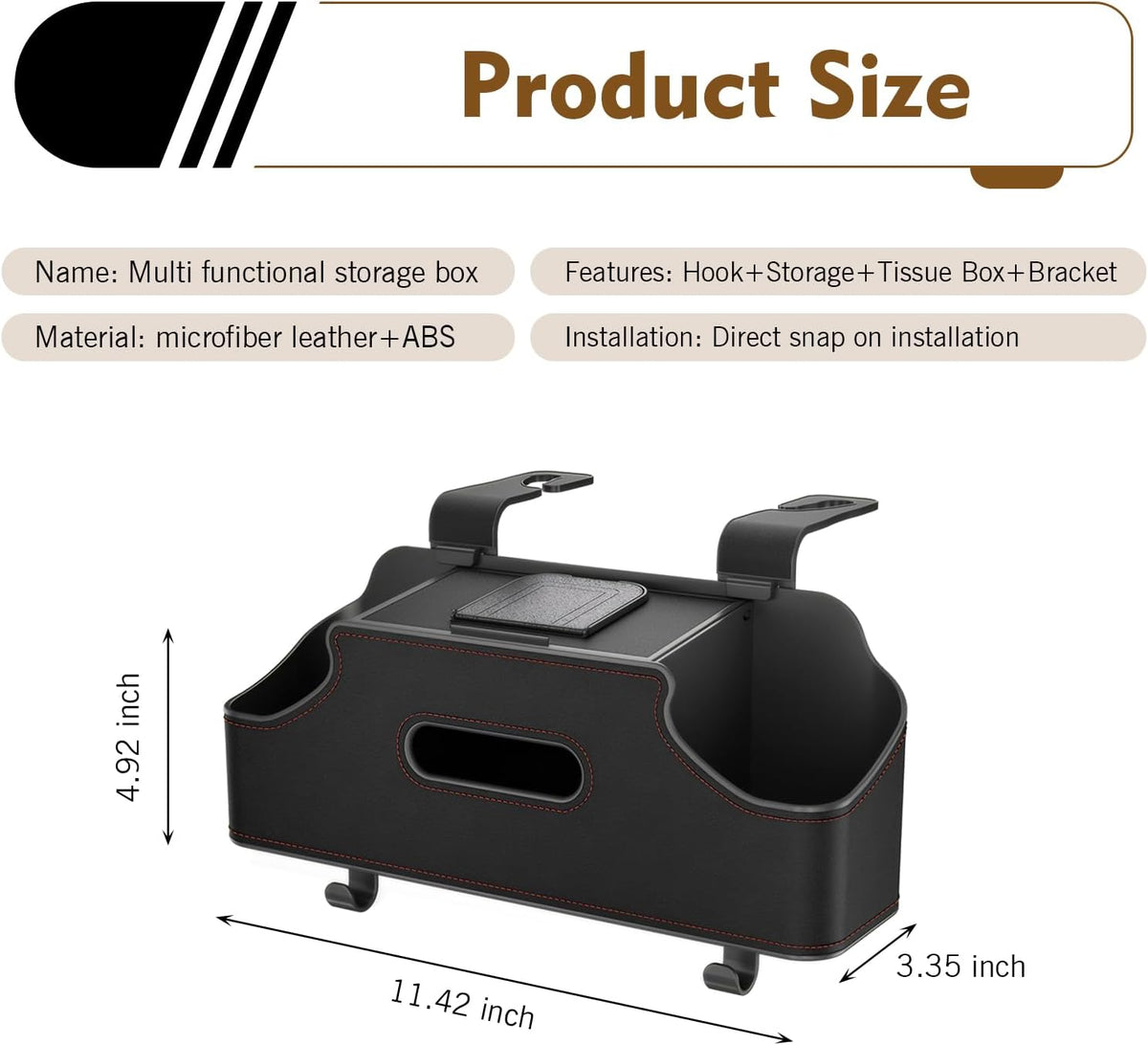 Car Back Seat Organizer Box, Leather Headrest Hanging 4-in-1 Backseat Storage with 2 Cup Holder, Tissue Box, Phone Pocket for Travel, Universal for Most Cars, SUVs (Black)
