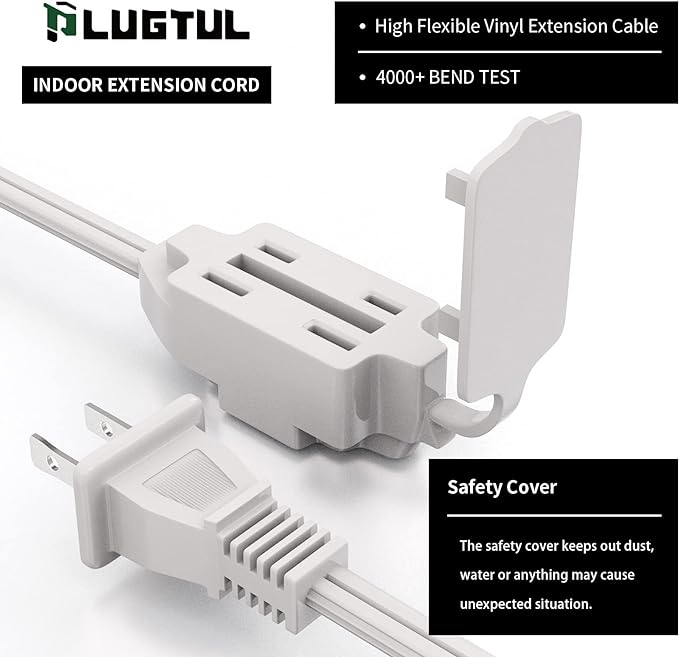 PLUGTUL Indoor White Extension Cord 9 Feet, 3-Outlet Household Extension Cord, 2 Prong, 16 Gauge, 3 Polarized Outlets with Safety Cap Protect for Home Office, 16/2 SPT-2 ETL Listed