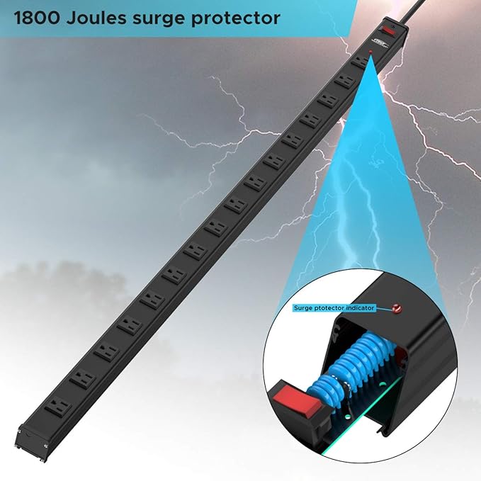 16-Outlet Long Power Strip Heavy Duty Surge Protector Wide Spaced Metal Power Strip with Mounting Brackets, 1800J, 15A, 6FT ETL Listed