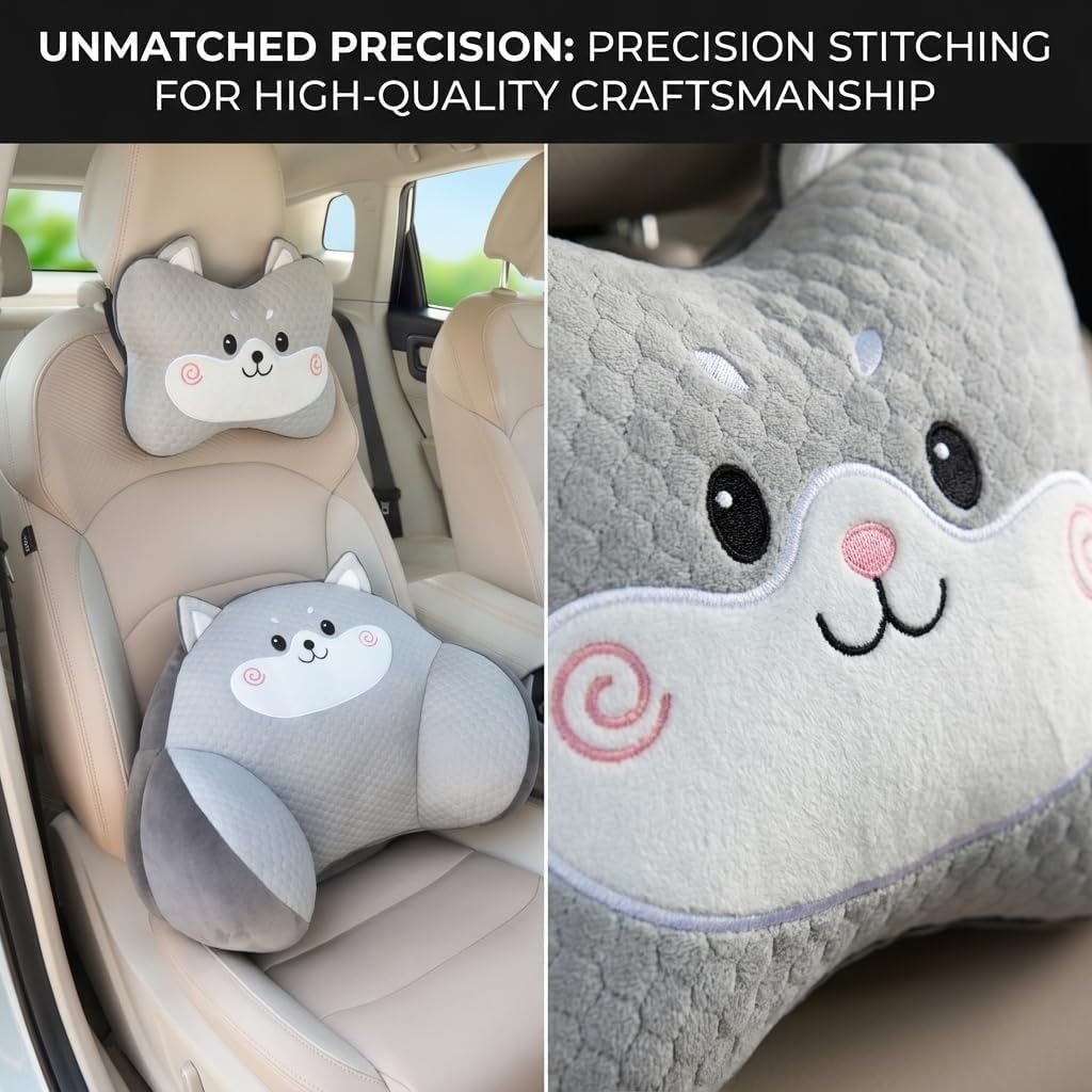 Car Neck Pillow and Lumbar Support Set, Cute Animal Soft Plush Ergonomic Back Cushion for Driving, Travel Seat Headrest Pillow(Set of 2) (Pig)