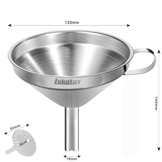 5-Inch Food Grade Stainless Steel Kitchen Funnel with Strainer Filter for Transferring of Liquid Dry Ingredients and Metal Cooking Funnel—Silver