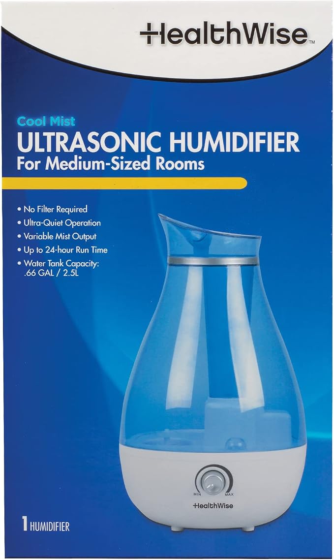 HealthWise Cool Mist Ultrasonic Humidifier | For Medium Size Rooms | No Filter Required | 24 Hour Run Time, Blue, 2.6L