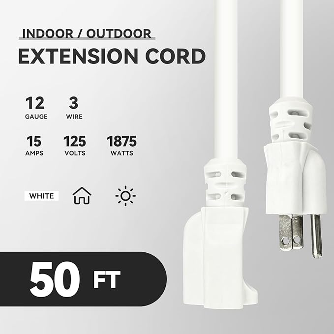 50 ft Heavy Duty Extension Cord - 12/3 SJTW 15 AMP Indoor Power Cord with 3 Prong Grounded Plug for Lawn Mower, Appliances, Workshop, Christmas Lights Water Resistant Flexible Cable White.