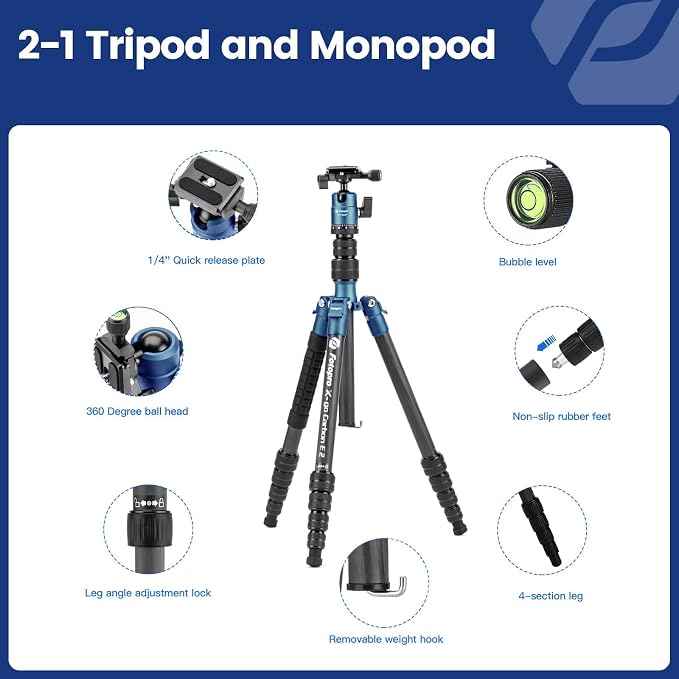Fotopro 59" Carbon Fiber Travel Tripod Compact Camera Tripod
