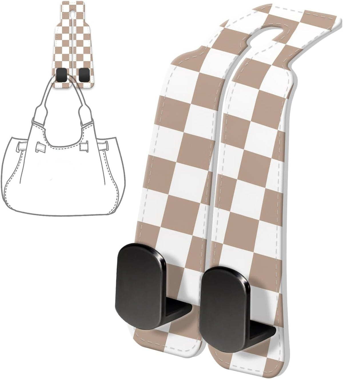 PU Leather Car Seat Hook, Storage Headrest Hanger, Cute Car Backseat Organizer, Car Hooks For Purses and Bags, Beige Checker