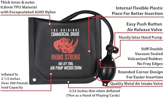 The Original Rhino Strong Commercial Grade Air Wedge Bag Pump Professional Leveling Kit & Alignment Tool Inflatable Shim Bag 3 Piece (Small, Medium, Large). 3 sizes for all of your individual needs.