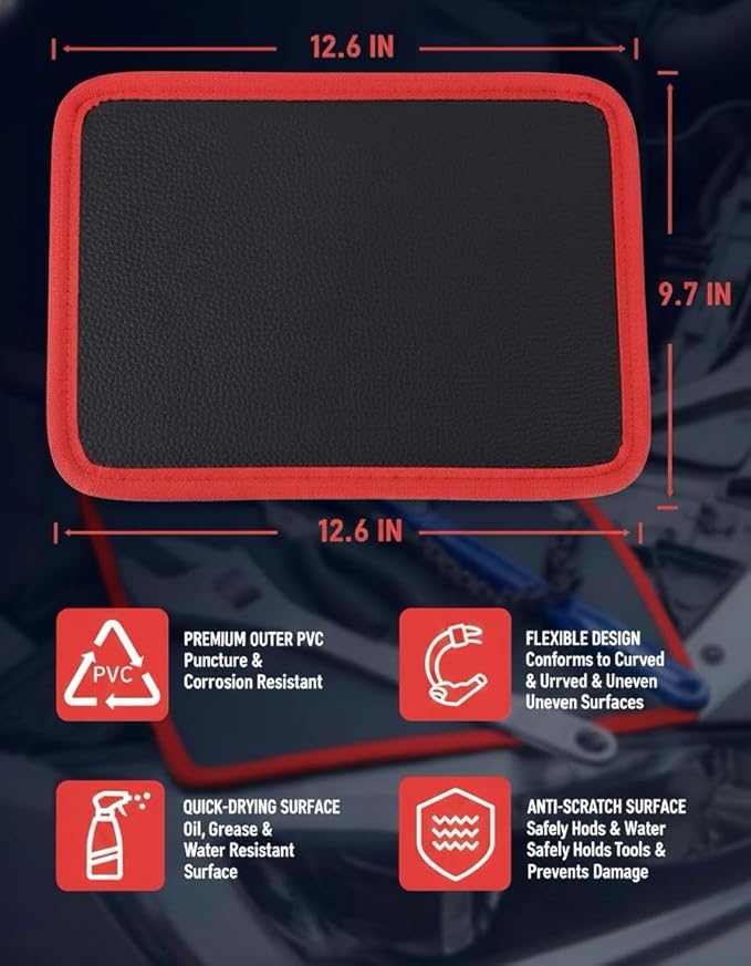 Magnetic Tool Mat & Holder | 12.8"x9.8" Flexible Magnetic Tray for Garage Workshop, Scratchproof PVC Surface with Non-Slip Grip | Auto Repair, Toolbox Organizer for Mechanics & DIY